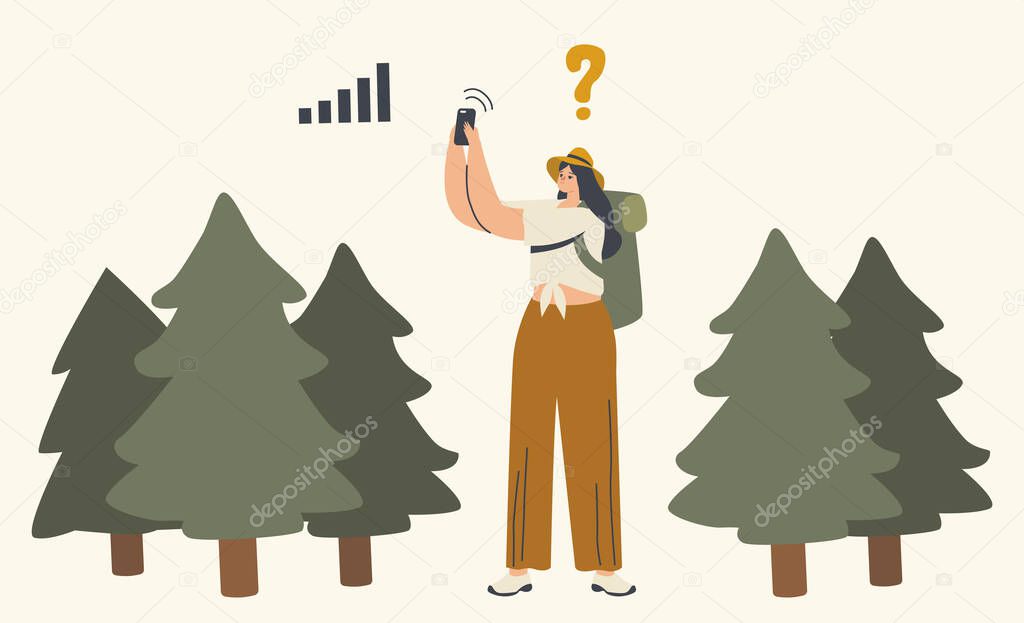 Female Character Get Lost in Forest. Woman Searching Direction Using Smartphone Satellite Navigation. Outdoor Adventure