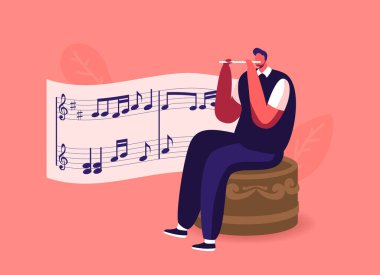 Minik Erkek Karakteri, Büyük Müzik Kutusunda Oturuyor ve Stave 'de Notaları Olan Flüt Çalıyor. Klasik Müzik Aracı ya da Oyuncak