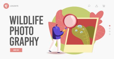 Close Up Photo Landing Page Template. Tiny Male Character with Huge Magnifier Looking at Photo with Macro Objects clipart