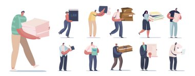 Farklı Kağıtları Olan İnsanlar. Erkek ve Kadın Karakterler Atık Kağıt, Karton Kutular ve Kitapları Tutuyorlar