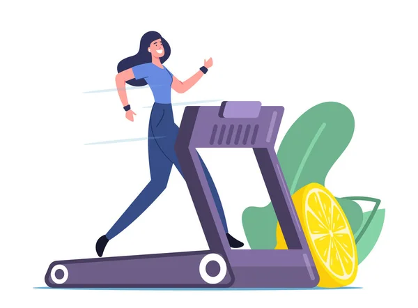 Mujer feliz corriendo en cinta con limón. Chica atlética haciendo ejercicio en la cinta de correr para ser delgado. Fitness, Actividad Saludable — Archivo Imágenes Vectoriales