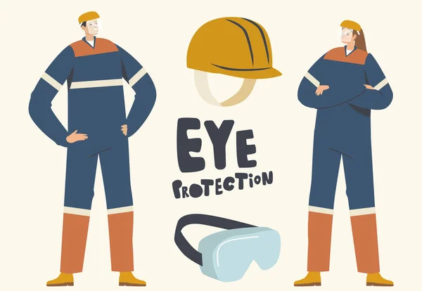 Proteção dos Olhos dos Trabalhadores no Conceito de Fabricação. Personagens masculinos e femininos em uniforme de trabalho e Hardhat e óculos — Vetor de Stock