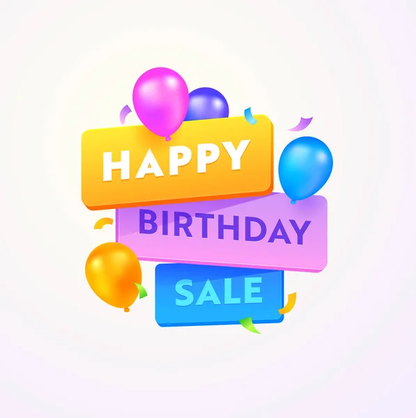 Boldog születésnapot Eladó Reklám banner tipográfia és színes léggömbök fehér háttér. Különleges évforduló ajánlat — Stock Vector
