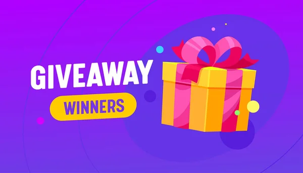 Giveaway Winners Bannière avec boîte cadeau, concours de promotion, prix gratuit de la concurrence. Vacances et achats présents — Image vectorielle