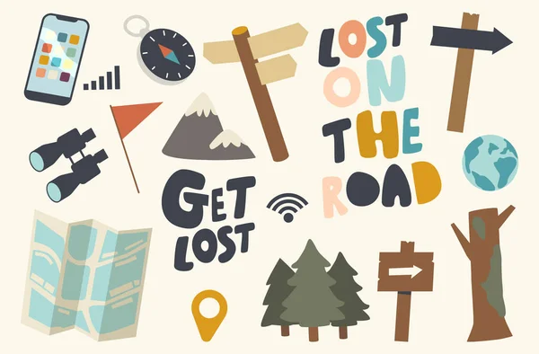 Set Icons Get Lost in Forest or Road Theme. Pointer, Compass and Binoculars, Trees, Red Flag and Map for Searching Way — Stock Vector