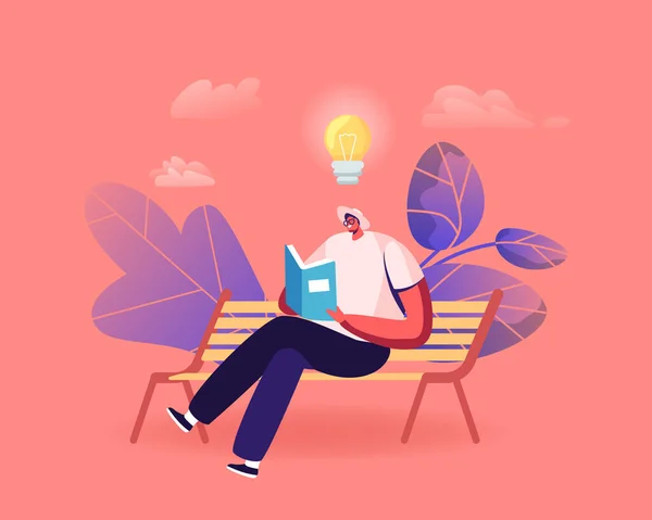 Personnage masculin lisant la littérature narration assis sur le banc avec le livre dans les mains et l'ampoule lumineuse brillante au-dessus de la tête, ver de bibliothèque — Image vectorielle