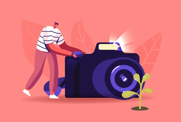 Hombre fotógrafo disparar gotas de agua en las hojas de flores en la cámara fotográfica con Macro Fotografía Régimen, Hobby, Actividad — Vector de stock