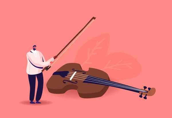 Pequeño personaje de músico con enorme violín y arco. El hombre con instrumento de cuerda actúa en el escenario. Orquesta Sinfónica — Vector de stock