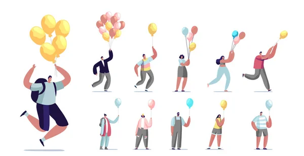 Réglez les gens qui volent avec un ballon à air. Caractères masculins et féminins Croissance de carrière et évasion crise. Inspiration, progrès — Image vectorielle