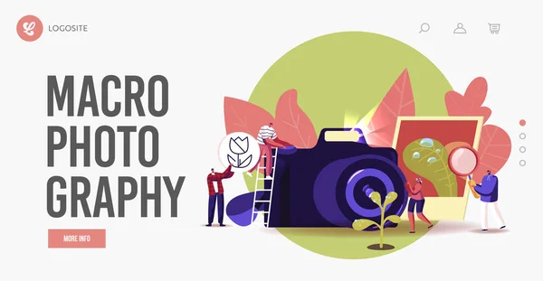 ( 영어 ) Small Photographers at Huge Photo Camera ( 영어 ) Macro Photography Landing Page Template. 사진을 찍는 창의적 인 인물들 — 스톡 벡터