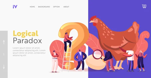 Paradoxo que veio primeiro frango ou ovo modelo de landing page. Adjetivo Metafórico de Frango e Ovo. Personagens e Hen — Vetor de Stock