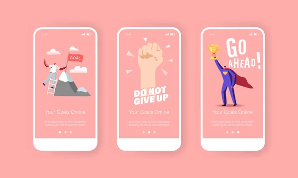 Motivação, Metas ou Aspiração Mobile App Page Onboard Screen Template. Personagens Superar obstáculos —  Vetores de Stock