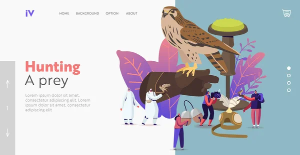 Falconeria Landing Page Template. Personaggi minuscoli che detengono attrezzature professionali per l'addestramento del falco. Arabian Sport — Vettoriale Stock