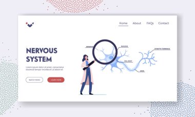Nörobiyoloji İniş Şablonu. Küçük Bilim Adamı Kadın Karakteri Laboratuvarda İnsan Nöronları Şeması Öğreniyor