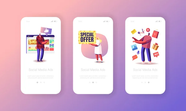 Social Media Ad, Vendita, Offerta Speciale Mobile App Page Onboard Screen Template. Pubblicità, pubbliche relazioni e affari — Vettoriale Stock