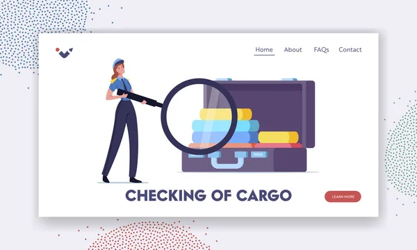 Illegale Import- oder Export-Fracht, Grenzkontrolle Landing Page Template. Winziger Zollbeamter schaut sich Touristenkoffer an — Stockvektor