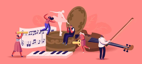 Kleine mannelijke vrouwelijke personages spelen muziekinstrumenten rond enorme muziekdoos met dansende ballerina. Mensen met viool — Stockvector