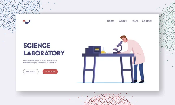 Neurobiology, Chemical Laboratory Research Landing Page Template. Male Scientist Character Working in Lab with Equipment — Stock Vector