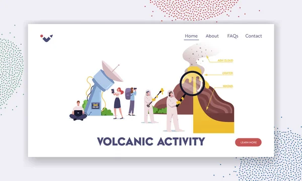 Personagens Estudando Vulcão Erupção Landing Page Template. Cientistas ficam na seção transversal do vulcão interrompendo a lava — Vetor de Stock
