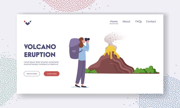 Saiba Informações Geológicas, Study Nature Disaster Landing Page Template. Cientista ou olhar turístico sobre a erupção do vulcão — Vetor de Stock