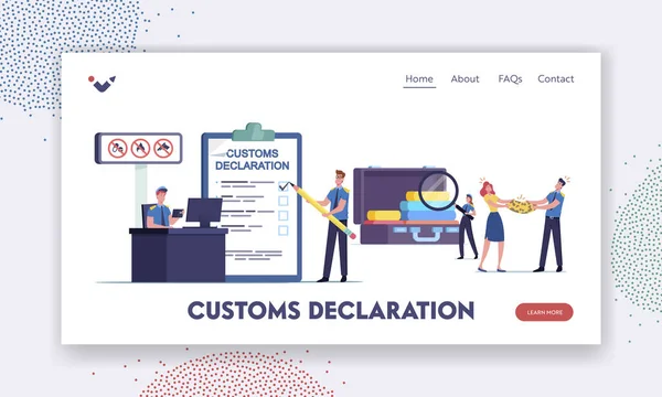 Airport Security Landing Page Template. Tiny Customs Officers Filling Customs Declaration and Check Passenger Baggage — Stock Vector