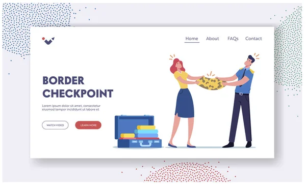 Airport Employee Fighting with Passenger for Baggage Landing Page Template. Funzionario doganale Confisca Proprietà Turistica — Vettoriale Stock