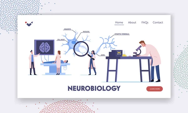 Scientifiques Caractères Apprendre le cerveau humain en laboratoire Modèle de page d'atterrissage. Les gens en laboratoire avec Schéma de Dendrite — Image vectorielle