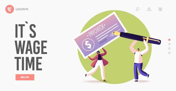 Personaggi con Pay Check Landing Page Template. Ragazza portare enorme stipendio, uomo con penna inchiostro per la firma. Denaro, stipendio — Vettoriale Stock