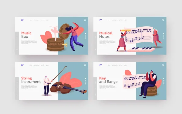 Personagens minúsculos Tocar instrumentos musicais em torno de enorme caixa de música com Ballerina Landing Page Template Set. Pessoal, Stave. —  Vetores de Stock