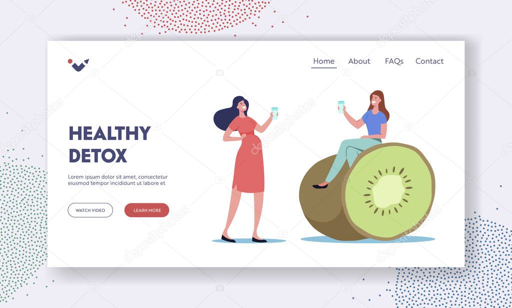 Young Women Sitting at Huge Kiwi Drinking Infused Water Landing Page Template. Tiny Female Detox Diet, Healthy Food