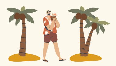 Rahatlamış Erkek Karakteri Yaz giysileri içinde Coconut Suyu içiyor Tropikal plaj boyunca yürüyor Palmiyeler etrafında