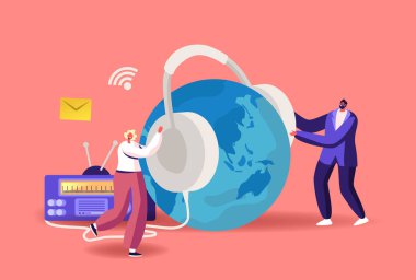 Radyo vericisi ve Dünya Globe Yayınları Audioprogramı 'nın yanında Büyük Kulaklıklı Minik Erkek ve Kadın Karakterler