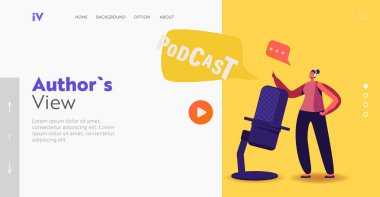 Çevrimiçi Yayın, Livestream, Radyo Webcast. İniş Şablonu. Kulaklık Davranışı Podcast 'indeki Küçük Kadın Karakteri
