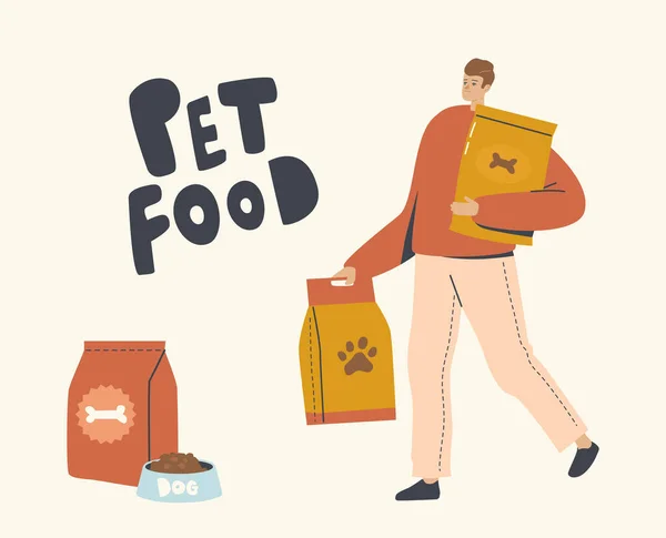 Man karakter dragen enorme pakketten met huisdier voedsel voor het voeden van huisdieren kat of hond. Gezonde huisdieren Voeding — Stockvector