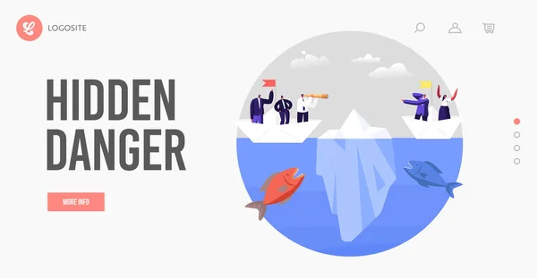 Modelo de Página de Aterragem de Perigo Oculto. Personagens de negócios em papel barco escapar ataque de peixes enormes e iceberg, Risco —  Vetores de Stock