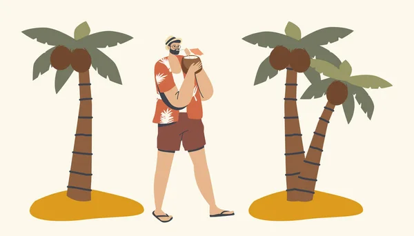Personaje masculino relajado en ropa de verano disfrutando de beber jugo de coco caminando por la playa tropical con palmeras alrededor — Vector de stock