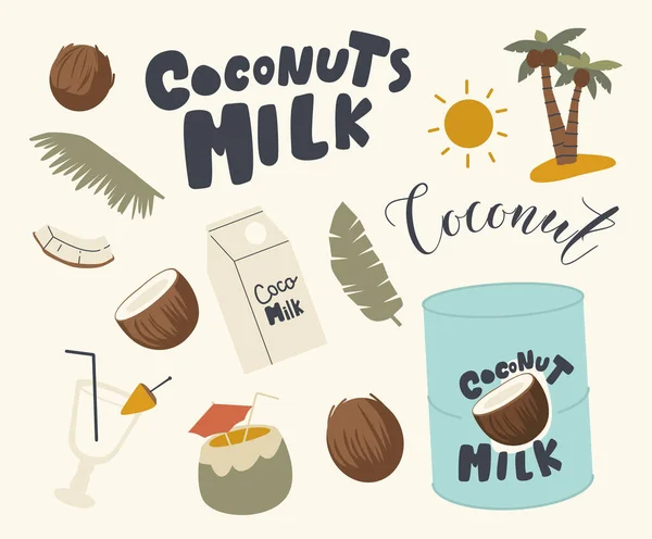 Conjunto de ícones de leite de coco tema. Cocktail com palha e guarda-chuva, folhas de palmeira, pacote com bebida e lata de lata — Vetor de Stock