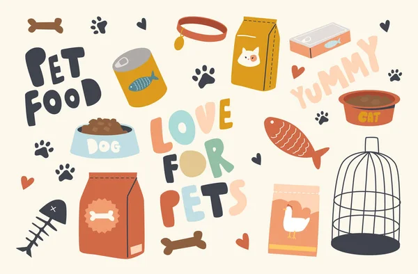 Ensemble d'icônes Animaux de compagnie thème de la nourriture. Paquets avec alimentation pour chats, chiens, poissons ou oiseaux, cage, os et bol avec biscuits — Image vectorielle