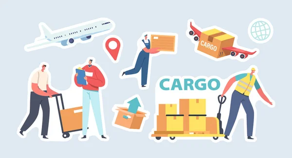 Etiquetas de entrega de carga. Transporte Armazenamento Conceito Logístico. Trabalhadores que entregam mercadorias ao serviço dos destinatários — Vetor de Stock