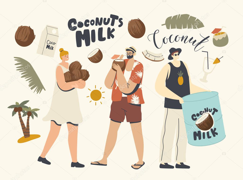 Male and Female Characters Use Coconut for Eating and Cooking. Man Drinking Juice on Resort, Vegan Milk, Healthy Drink