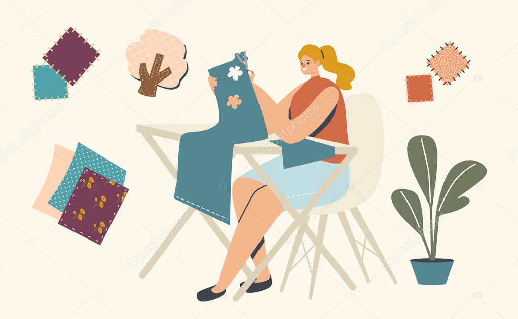 Hobby, Creative Activity Concept. Female Character Sitting at Desk Cut and Glue Appliques. Woman Cut Paper or Fabric