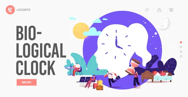 Orologio biologico, Jet Lag Landing Page Template. I personaggi seguono il loro ritmo corporeo, Insonnia, Viaggiatore in Aeroporto — Vettoriale Stock