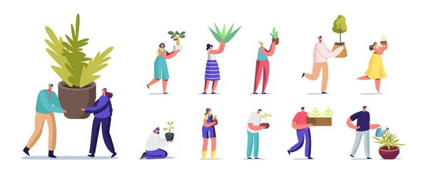Conjunto de personas con varias plantas. Personajes masculinos y femeninos con flores en maceta, jardinería Hobby, plantación de árboles — Vector de stock