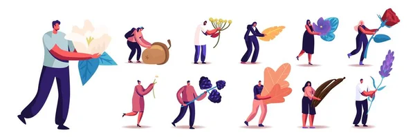 Conjunto de Pessoas com Plantas Diferentes. Personagens masculinos e femininos segurando bagas, flores e sementes, milho, vara de baunilha — Vetor de Stock