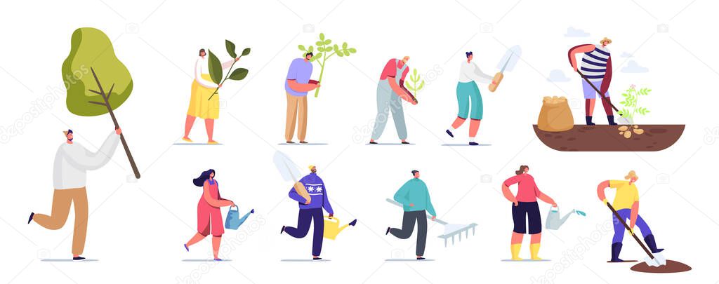 Set of People Work in Garden. Male and Female Characters Planting Trees, Care of Green Sprouts Using Working Instruments
