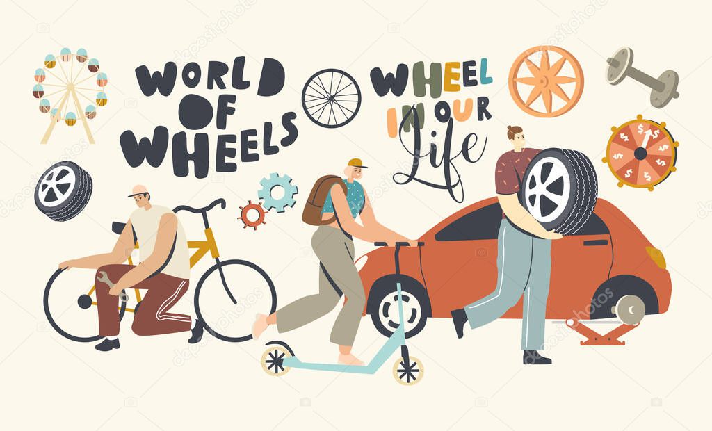 Wheeled Transport in Human Life Concept. Male and Female Characters Fixing Bicycle, Riding Scooter, Change Tyres on Car