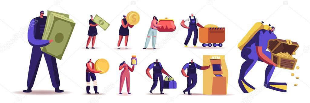 Set of People with Money. Male and Female Characters Mining Gold, Searching Treasure, Shopping or Withdraw Cash from Atm