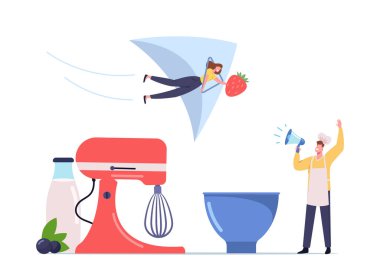 Şef Toque 'tan Megaphone' a Küçük Erkek Karakteri Taze Meyve veya Meyvelerden Yapılan Ev Yapımı Dondurmayı Denemeniz İçin Çağrı