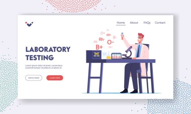 Laboratuar İniş Sayfası Şablonu 'ndaki Cam Şişelerde Sıhhiye Yaşam Testi. Tıbbi Laboratuvarda Mutlu Doktor Karakteri Çalışması