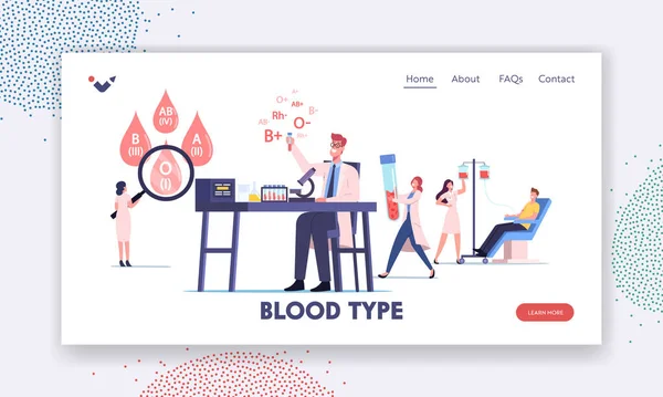 Pequenos Personagens Médicos Laboratório de Trabalho Examinando Tipos de Sangue Modelo de Landing Page. Enfermeira Tomando Sangue de Vida no Doador —  Vetores de Stock